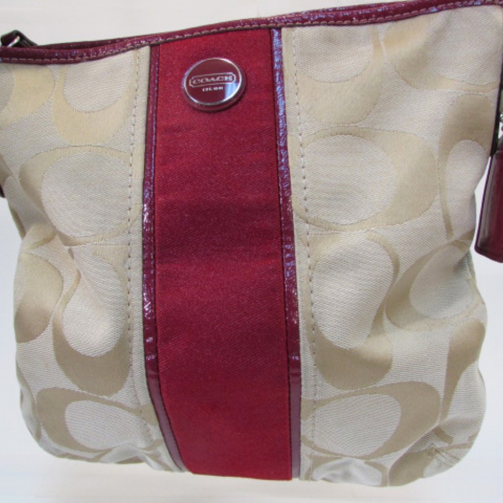 Coach Tan with Burgundy Red Stripe Shoulder Bag - Picture 2 of 6